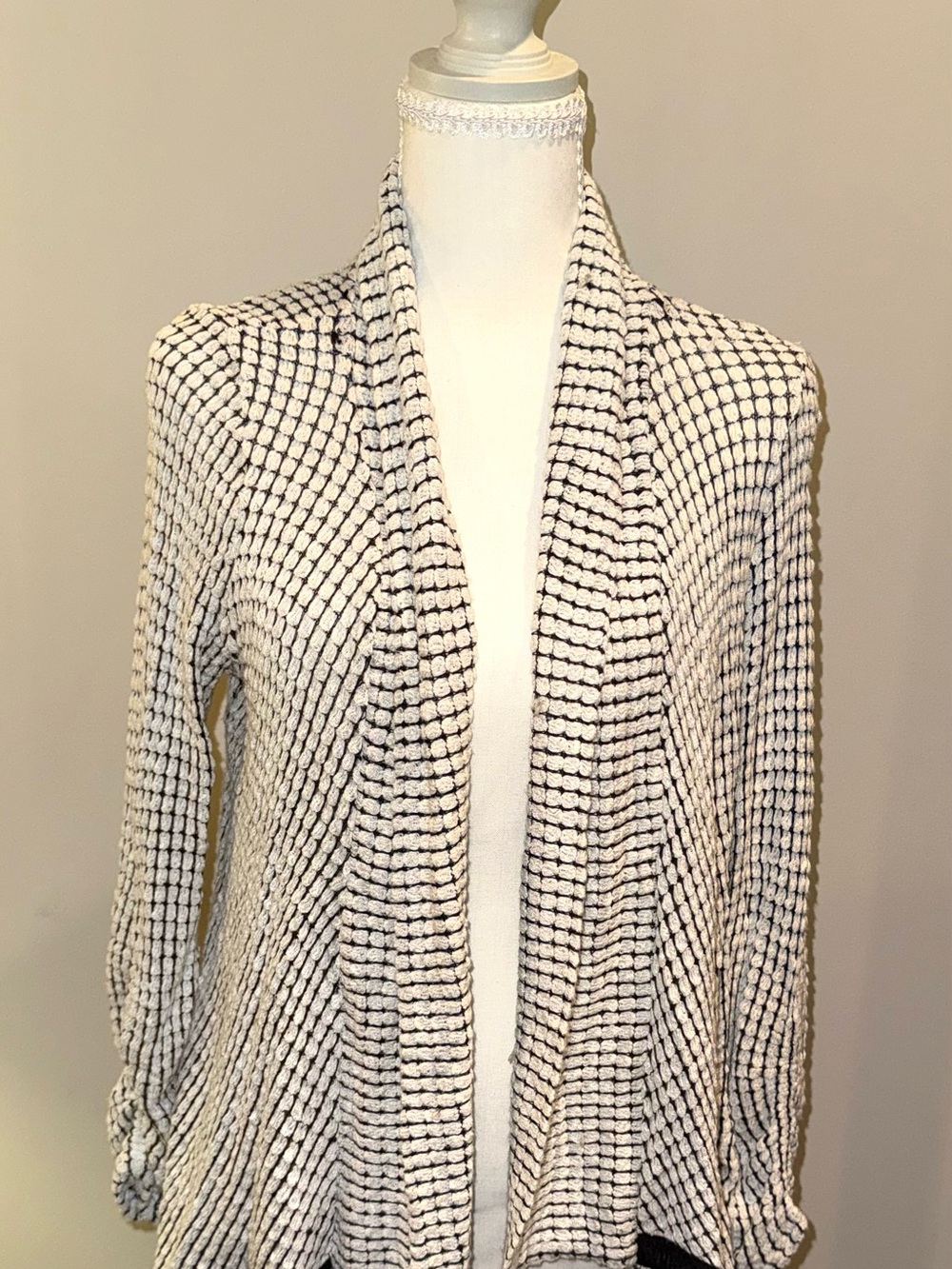 Maeve Anthropologie open-front knit black and white cardigan, size L